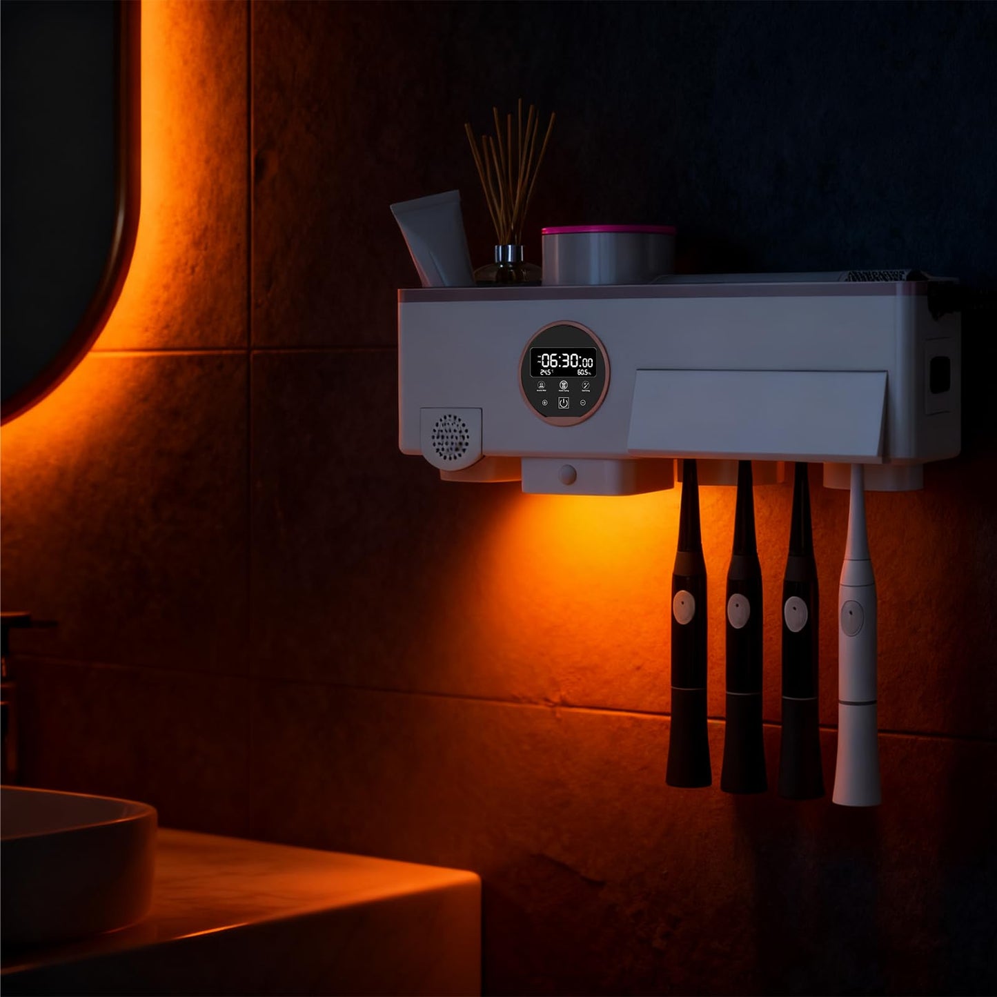 Toothbrush Cleaner and Holder for Bathrooms Wall Mounted with Fan Drying&30min Timing Function Cruise Air Drying,Electric Toothbrush Holder with 4Toothbrush Slots,Toothpaste Dispenser with Led Smart