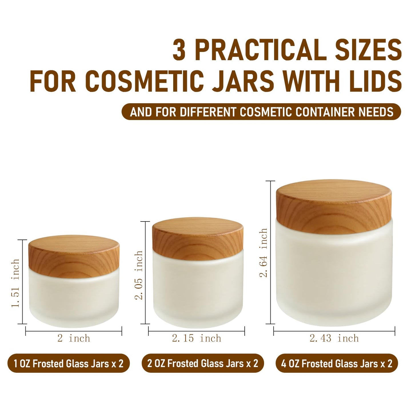 6 Pack Glass Cosmetic Jars, Frosted Glass Cosmetic Jars with Woodgrain Lids - 1oz, 2oz, 4oz Refillable Cream Containers, Leakproof Travel Jars for Skincare, Makeup, Lotion
