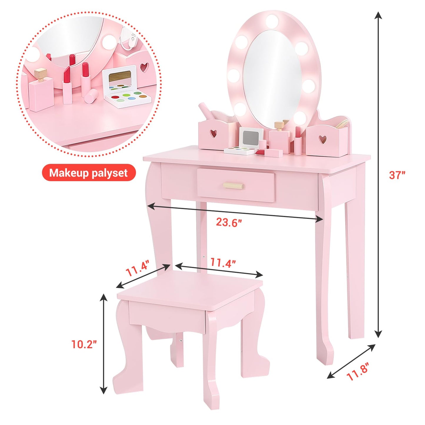 GarveeHome Kids Vanity with Lighted Mirror, Toddler Vanity Table and Chair Set, Girls Makeup Playset, Pink