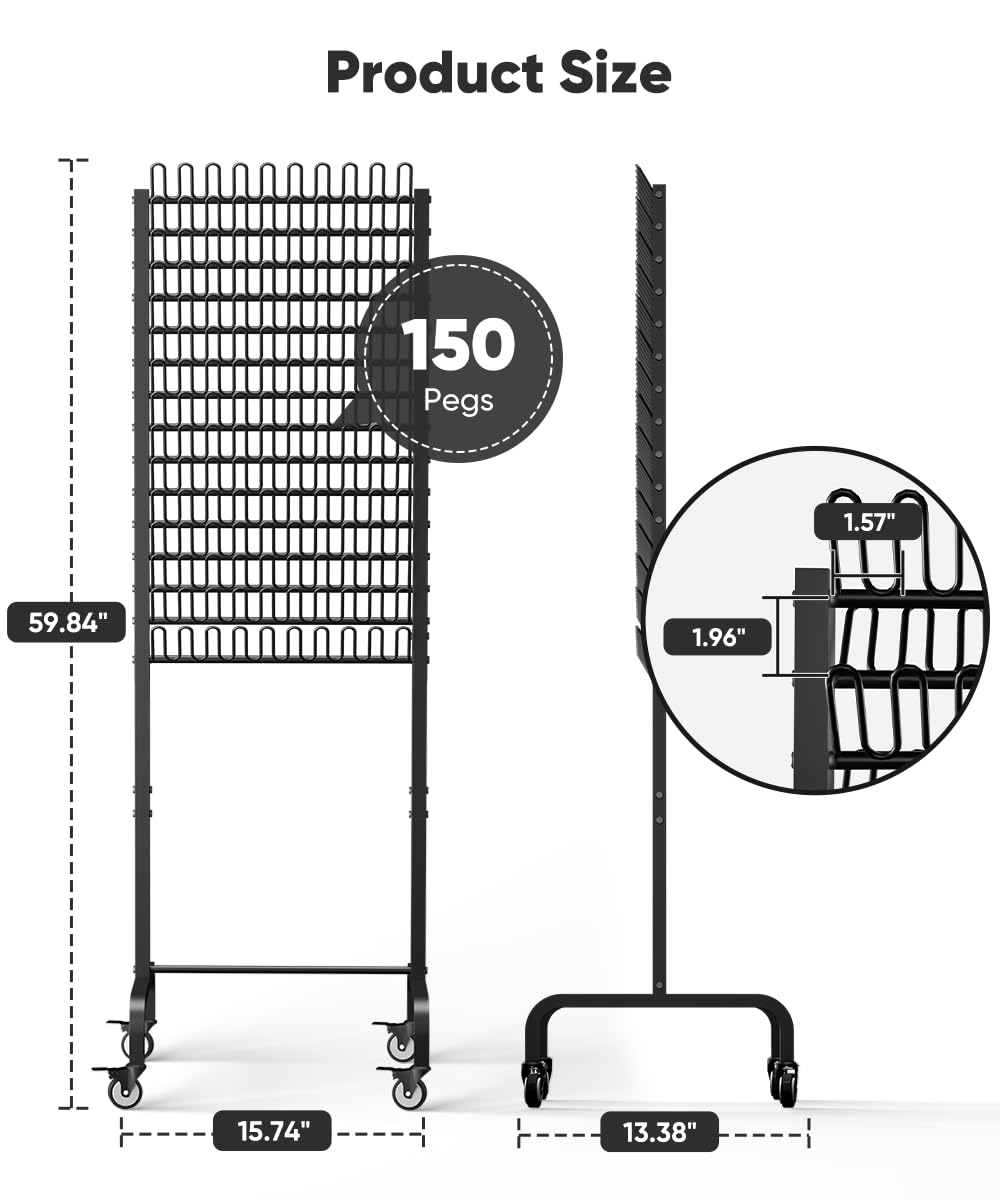 Tigerden 150 Pegs Braiding Hair Rack, Adjustable Hair Separator Stand with Wheels, Hair Extension Holder for Hair Stylists, Braiders, Home, Salon, Beauty School, Black