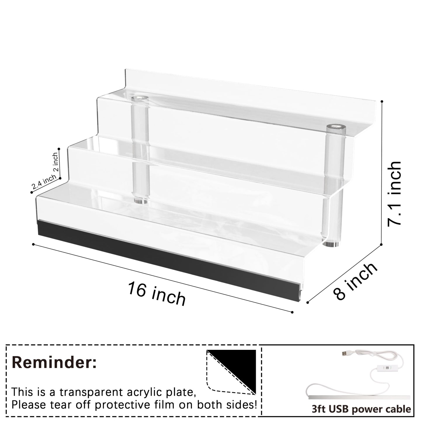 16” Acrylic Display Organizer with LED Light - 3 Tier Perfume Organizer for Women, Cologne Organizer for Men, Figures Stand, Clear Riser, Perfume Stand and Display Step Shelves Holder, 2 Pack Stands