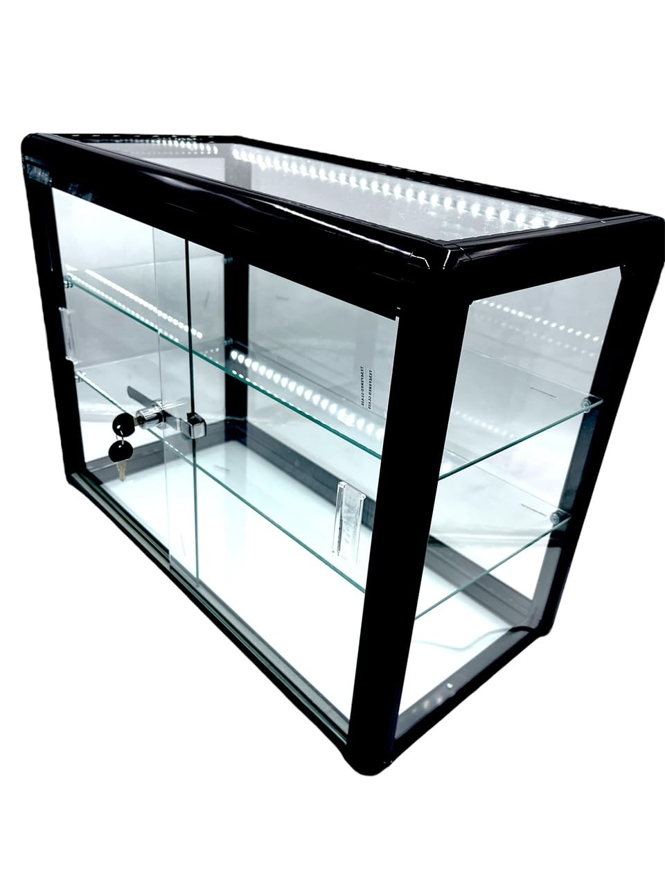 Elegant Black Aluminum Display Table Top Tempered Glass Show Case. Sliding Glass Doors with Lock - Option with LED Lights (with LED Lights)