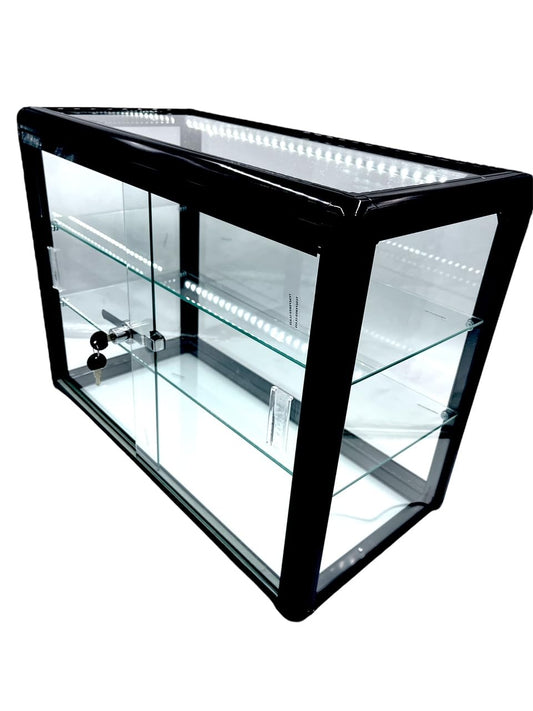 Elegant Black Aluminum Display Table Top Tempered Glass Show Case. Sliding Glass Doors with Lock - Option with LED Lights (with LED Lights)