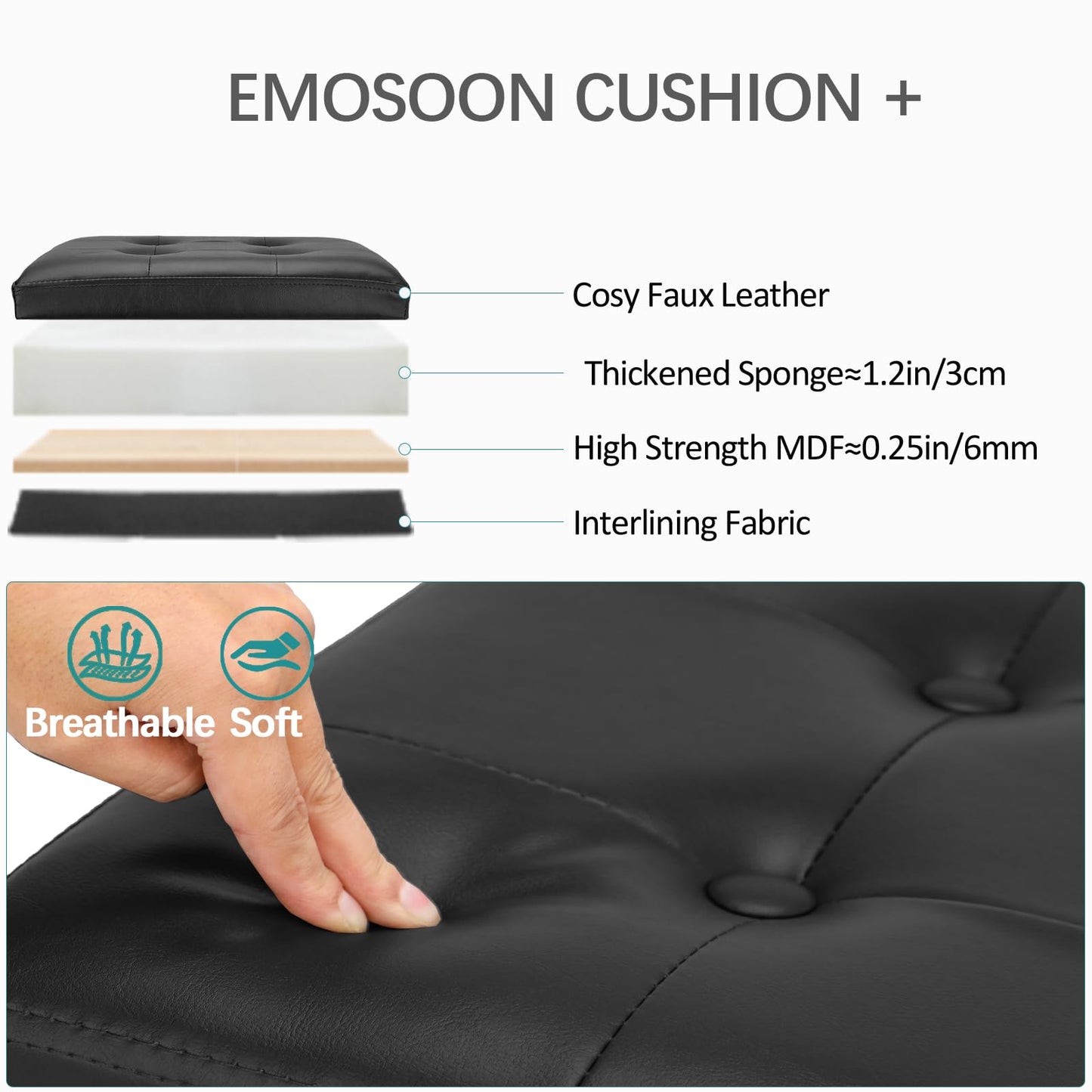Emosoon 18 Inches Cube Storage Ottoman, Faux Leather Collapsible Square Folding Ottoman Furniture with Storage for Living Room Bedroom, Foot Rest Foot Stool with Legs, Black 18x18x18 Inches