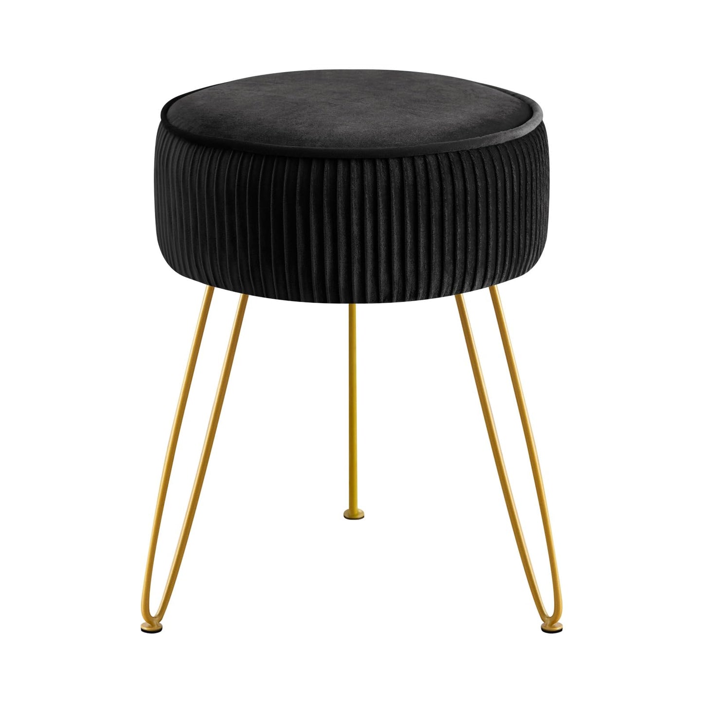 GERANT Multifunctional Vanity Stool,Modern Vanity Stools for Makeup Room,Velvet Round Ottoman Footrest Stool with Metal Legs, Upholstered Pleated Vanity Chair Stool for Living Room,Offices(Black)