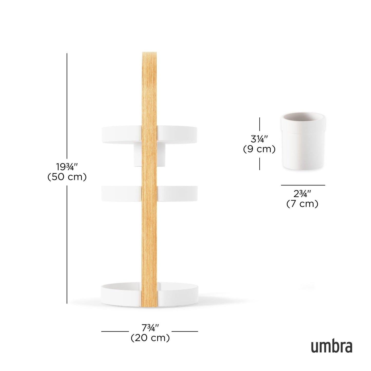 Umbra Bellwood Caddy, Organizer for Makeup and Cosmetics, Durable Rotating Container with Wooden Handle, Large, White/Natural