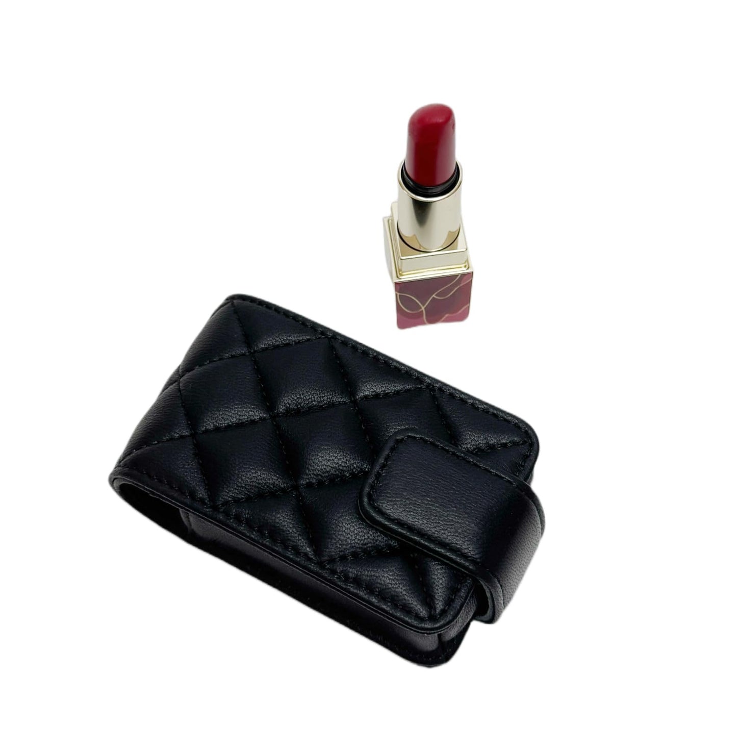 AgentMoon Handheld Lipstick Pouch with Mirror,Genuine Leather Lip Balm Case with Clamshell Magnetic Hidden Clasp.Portable Travel Cosmetic Case for Women Gift. 4.1x2.3x1.8 inches (Black Rhombus)