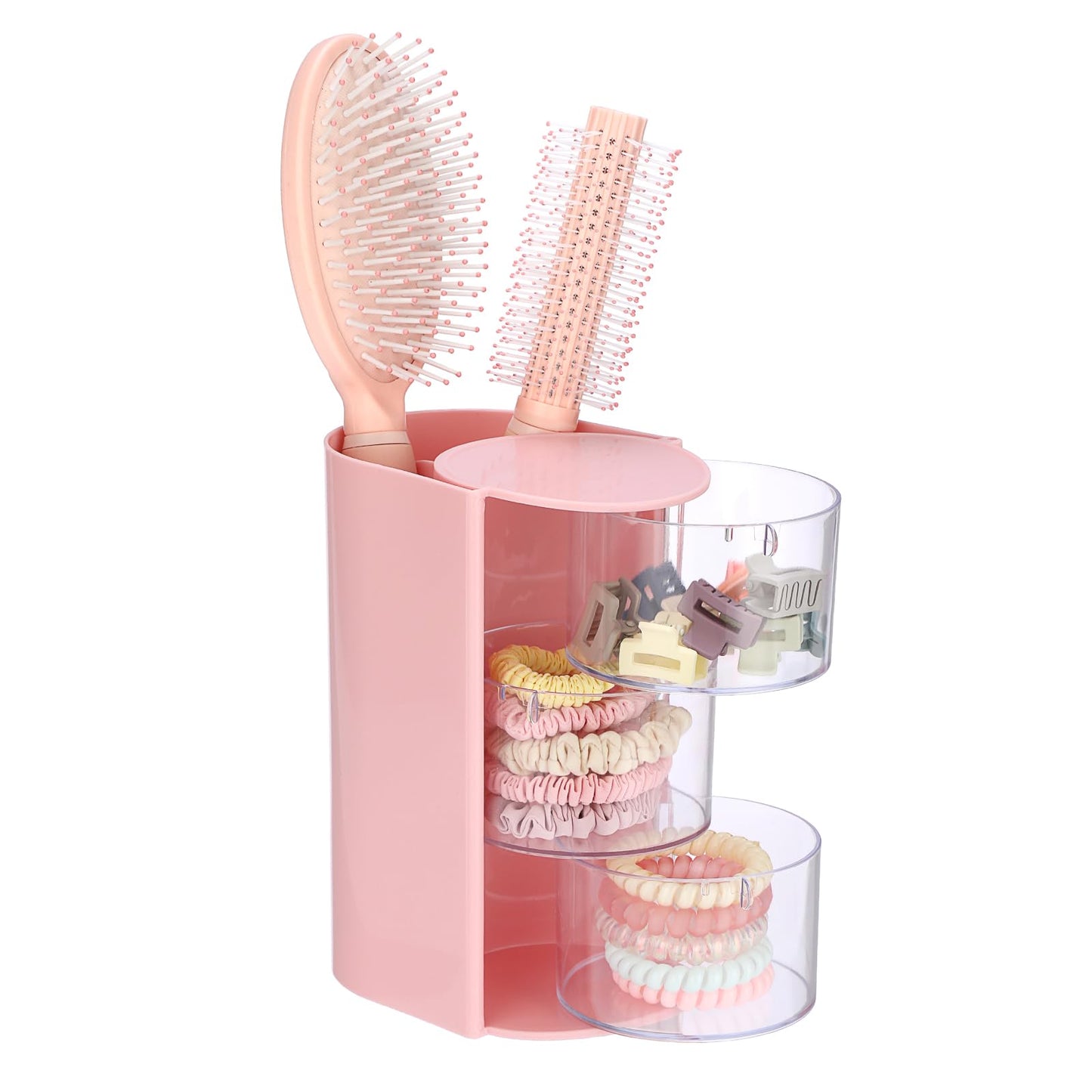 GUSHBIN Hair Accessories Organizer with Hair Brush Holder Spinning Cosmetic Storage Case for Makeup Sponge Plastic Desktop Organizer, 3-Layer Pink