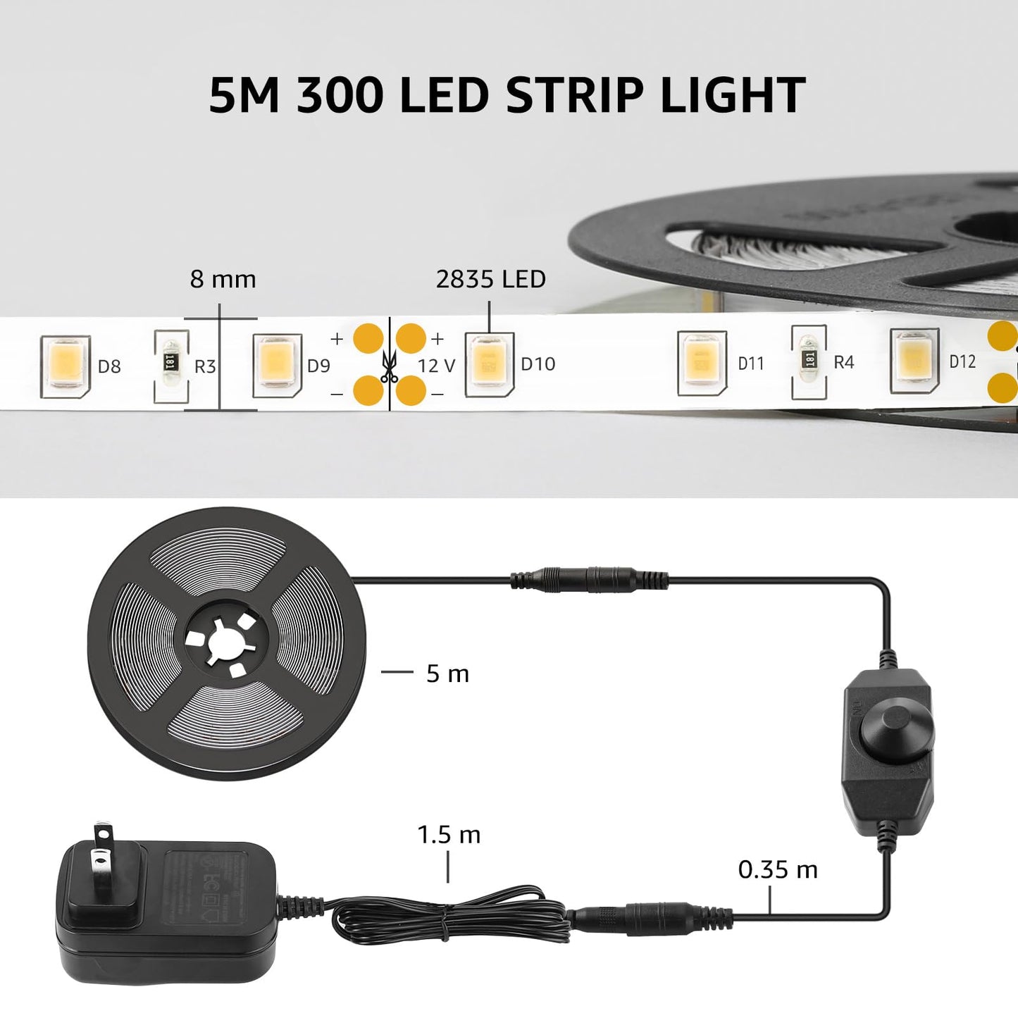 Lepro LED Strip Light White, 16.4ft Dimmable Vanity Lights, 6000K Super Bright LED Tape Lights, 300 LEDs 2835, Strong 3M Adhesive, Suitable for Home, Kitchen, Under Cabinet, Bedroom, Daylight White