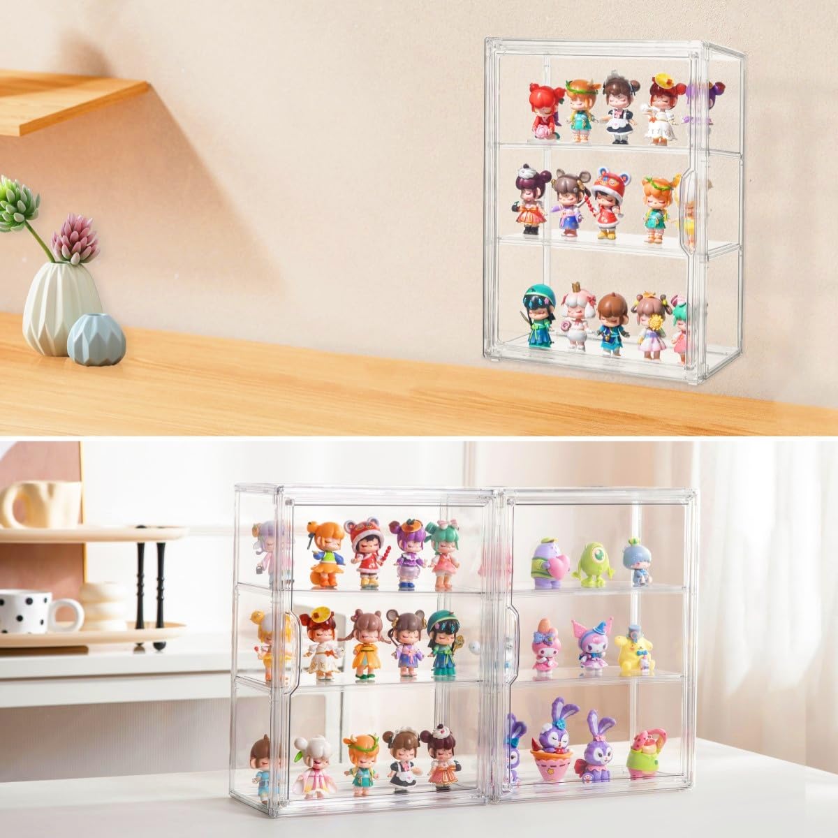 Attelite Acrylic Display Cases for Collectibles, 4 Pack 3 Layer Clear Display Case with Magnetic Door,Dustproof Clear Showcase with 2 Adjustable Divider Storage Box for Action Figure