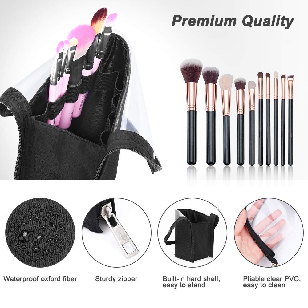 couragejoy Travel Make-up Brush Holder Organizer Bag，Clear Plastic&Oxford Cosmetic Zippered Case，Portable Waterproof Stand-Up Makeup Brush Pouch, Professional Artist Small Toiletry Cup (Black)…