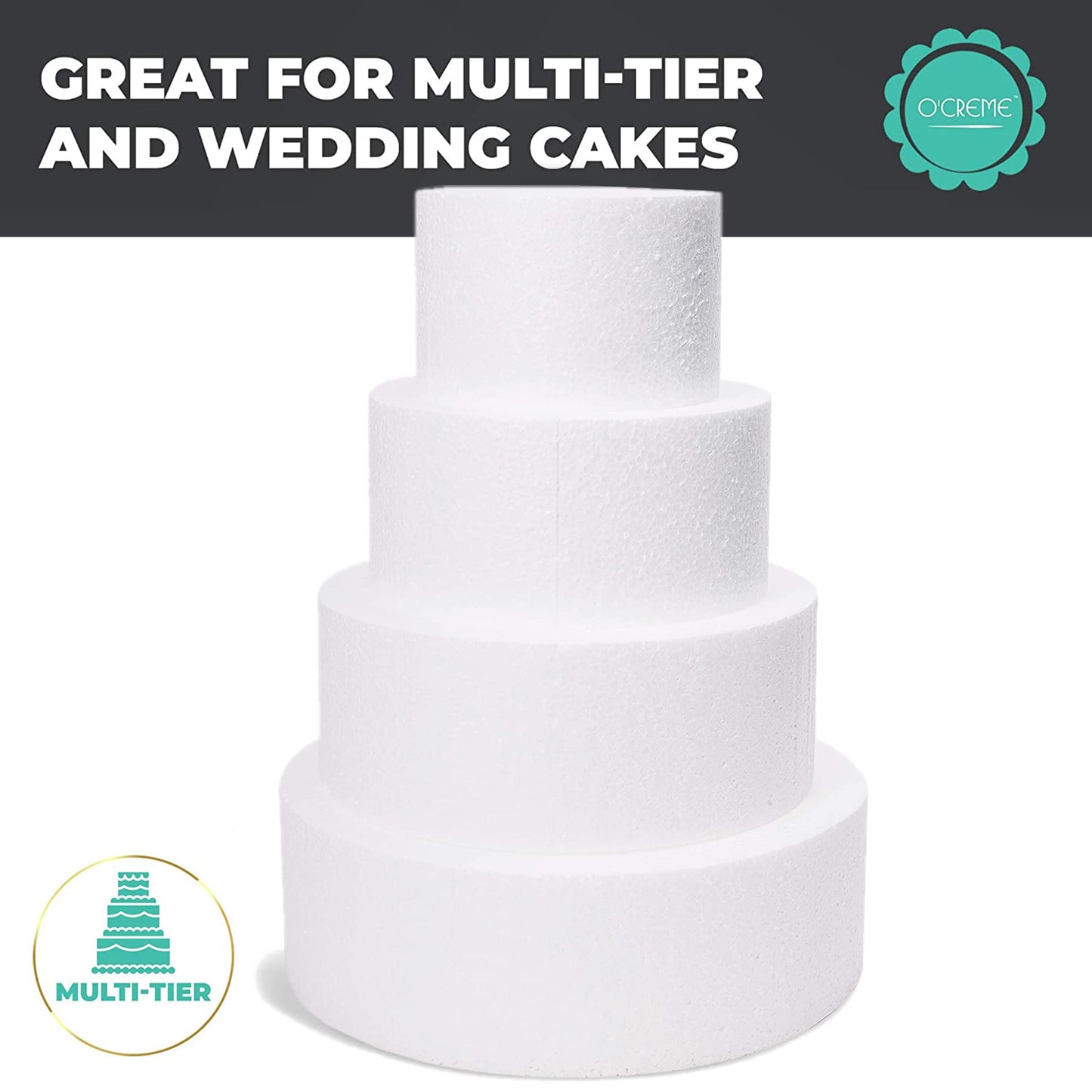 O'CREME Polystyrene Dummy Cake Decorating Display for Baked Goods Bakery Supplies Round Shape (10” Diameter x 4” High)