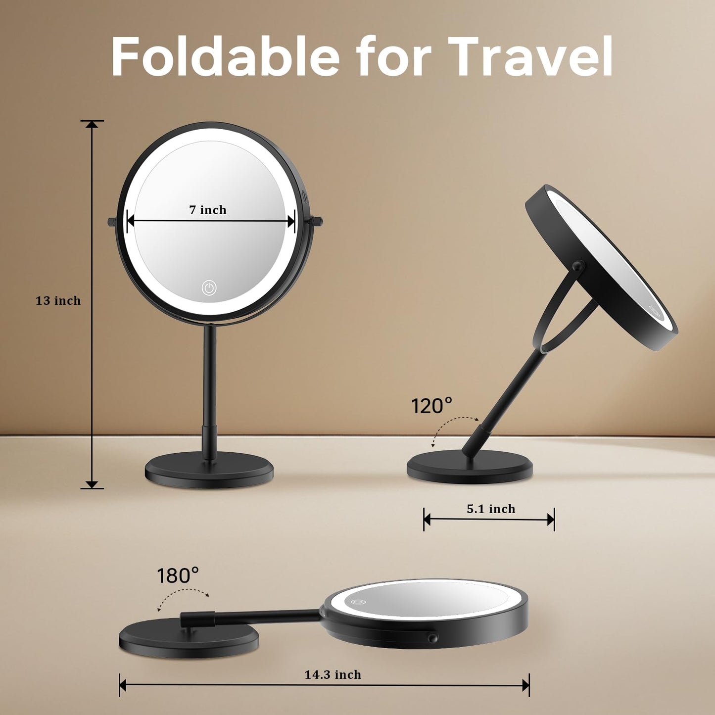 mumianshu Folding Travel Makeup Mirror with Lights and Magnification,7” Double Sided 1X/10X Lighted Magnifying Mirror with Rechargeable Battery,Brightness Adjustable,3 Color Lighting, Black