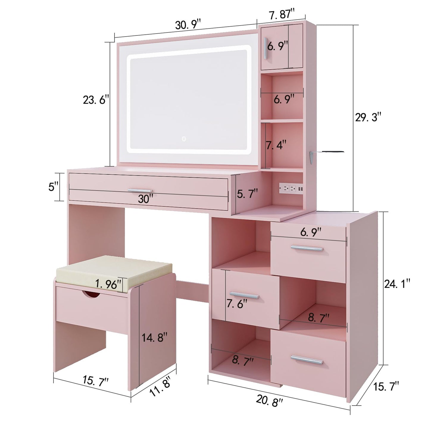 Vanity Desk with LED Lighted Mirror, Sliding Side Cabinet with Expandable Storage, Makeup Table with Drawers & Shelves, Built-in Power Outlet, Vanity Set with Storage Stool for Bedroom (Pink)