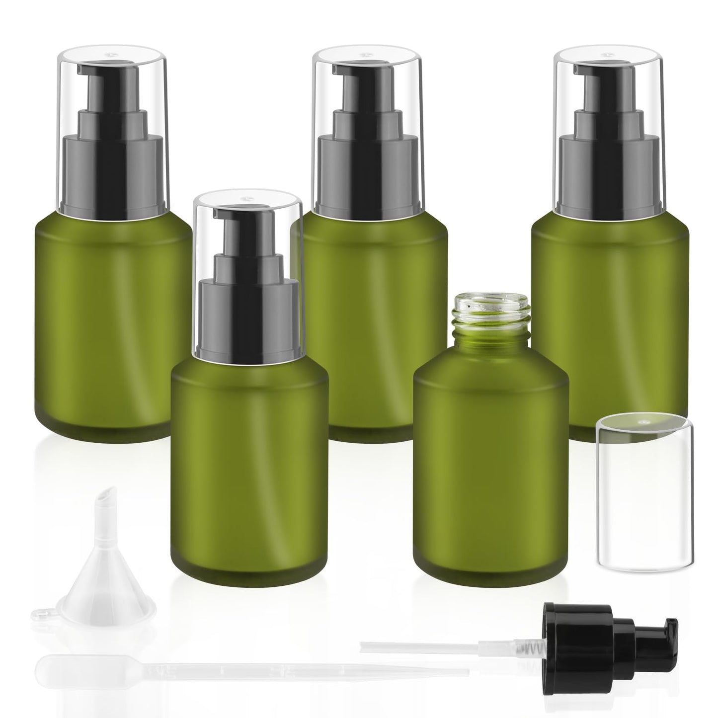 BOSMIOW 5 Pieces 60ml/2oz Empty Green Glass Lotion Pump Bottles,Refillable Essential Oil Jars with 1 Funnel and 1 Pipette,Cosmetic Sample Containers for Foundation,Cream,Gel,Shampoo