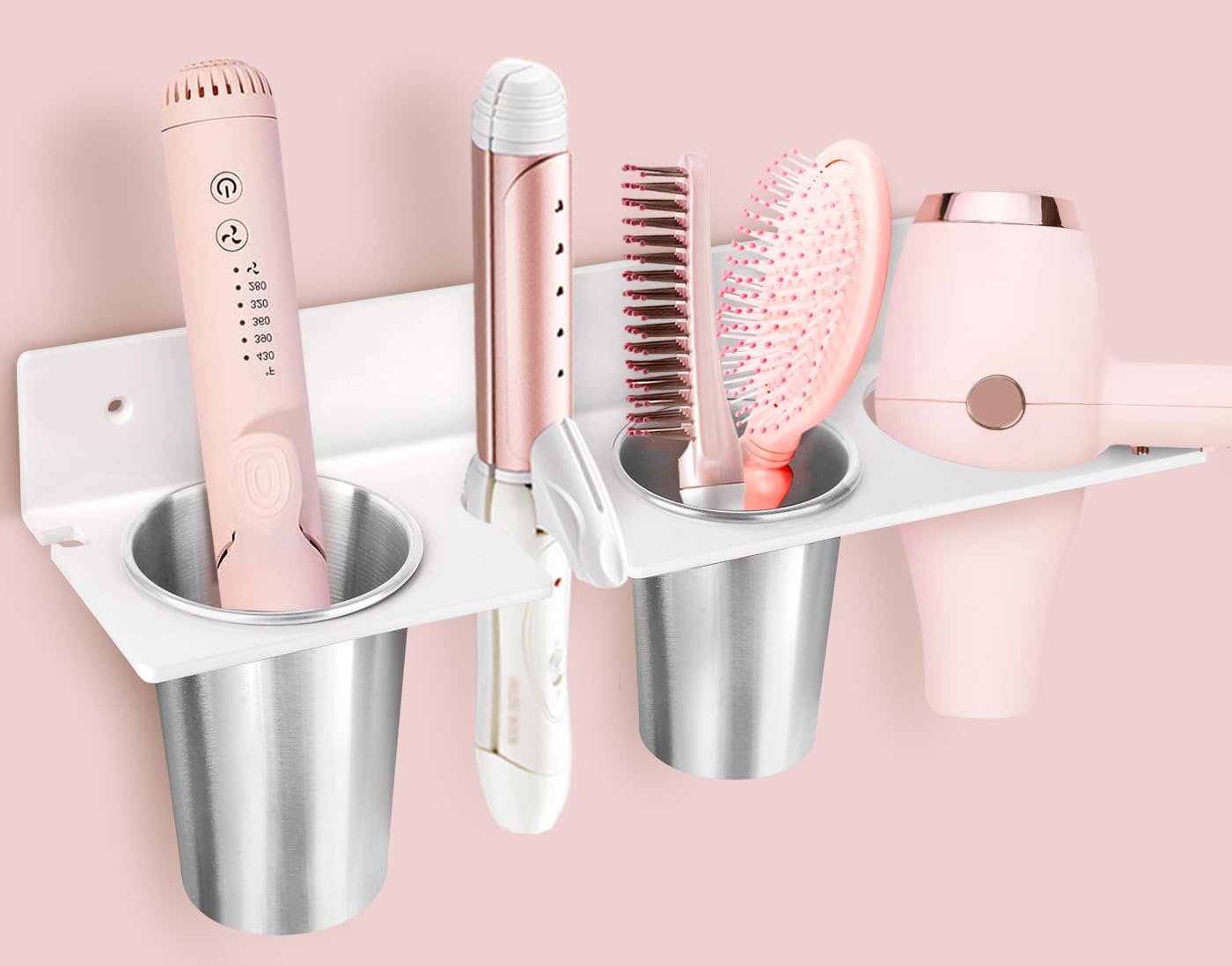 Bollmisde Hair Tool Organizer, Hair Dryer Holder with Heatproof Steel Cups, Acrylic Vanity Organizer for Curling Iron, Flat Iron & Hair Brushes, Perfect for Bathroom (White, Oversized)