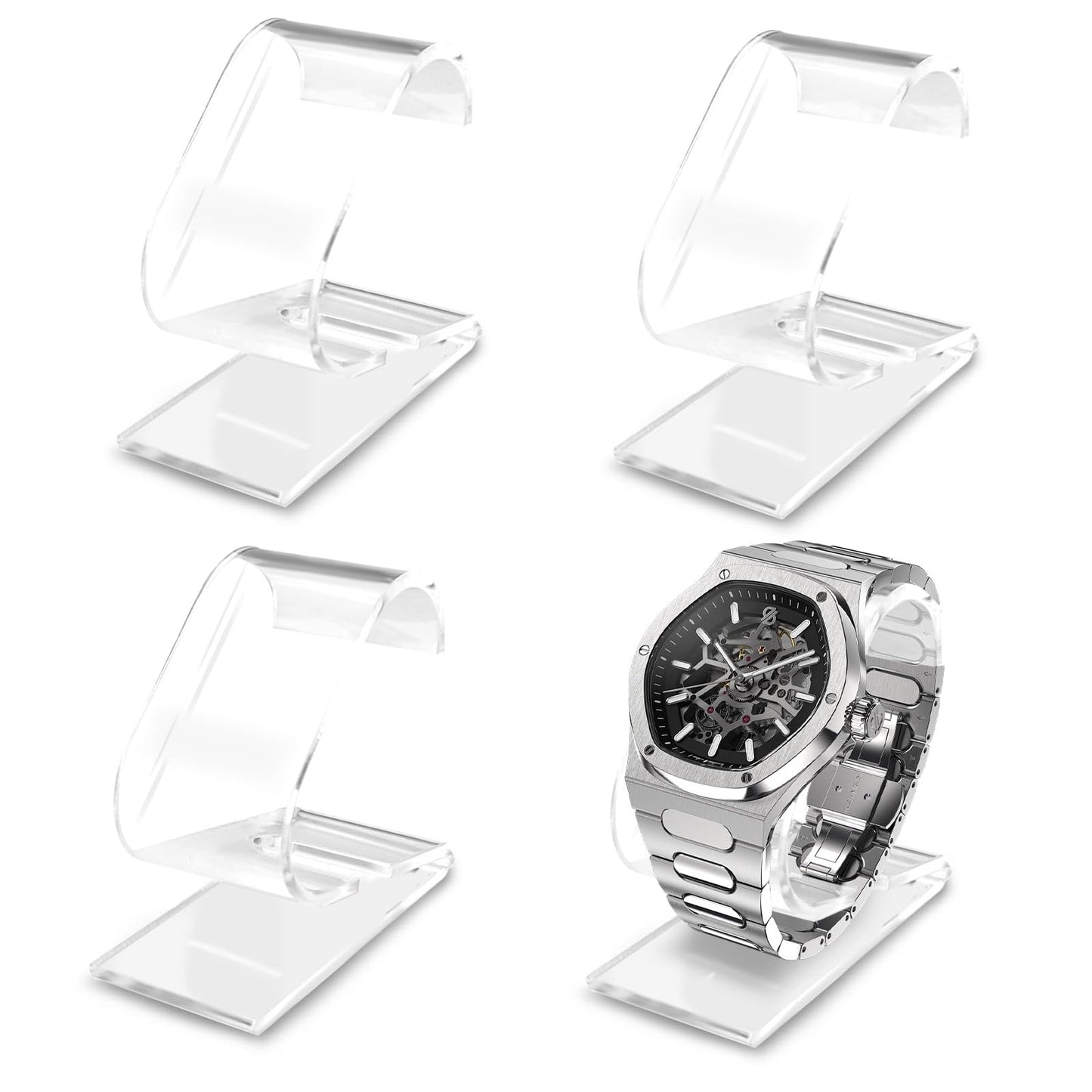 ASTIMESA 4 Pieces 3.1" x 1.3" x 8.6" Acrylic Watch Display Stand, Leaf-Shaped Clear Watch Holder, Single Wristwatch Stand Rack Organizer for Men Women Bracelet Desk Home and Store Use