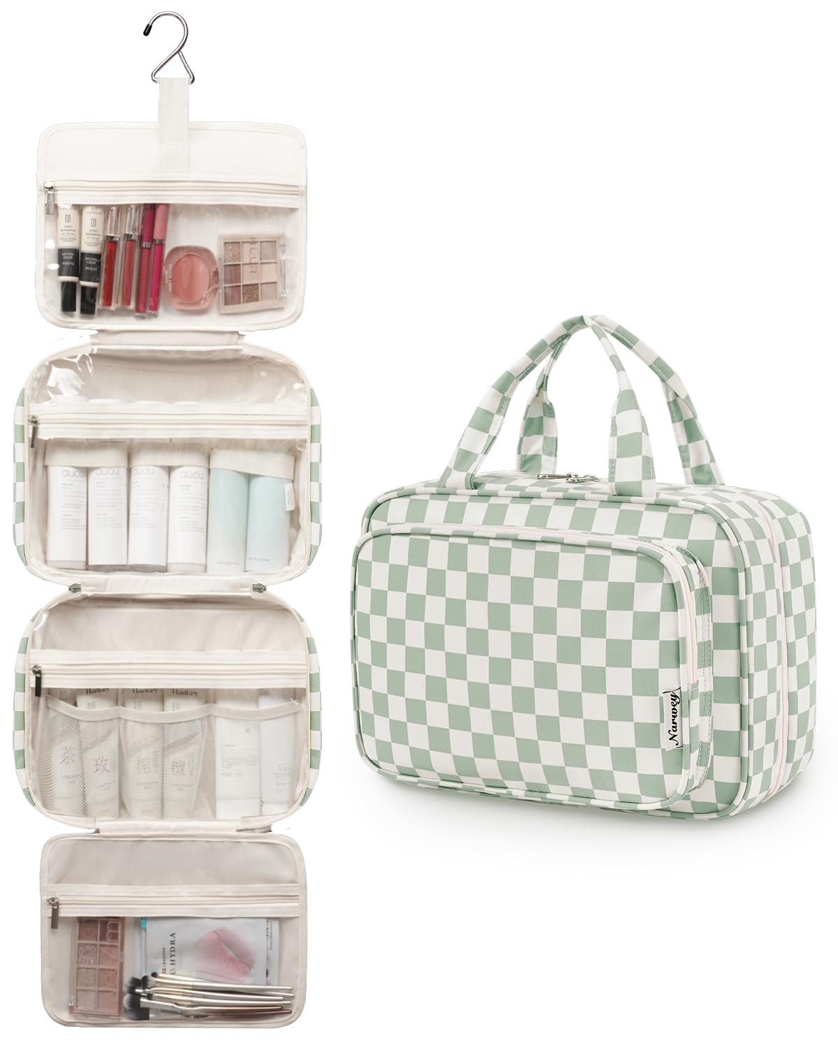 Narwey Travel Toiletry Bag for Women Large Capacity, Hanging Makeup Bag Organizer Toiletries Bag for Full Size Essentials, Accessories, Brushes, Cosmetics (Mint Green Checkerboard (Large))