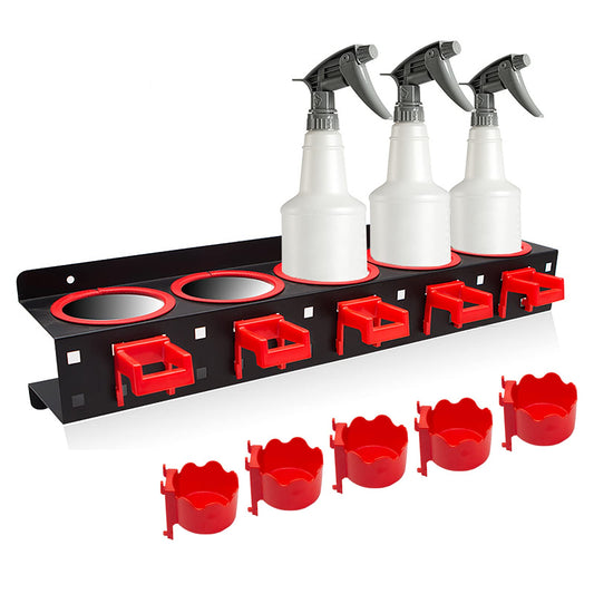 YTDTKJ Spray Bottle Storage Rack with Extra Abrasive Holder, Wall Mount Hanging Rail Car Beauty Shop Accessory Display Auto Cleaning Detailing Tools Hanger Bottle Organizer