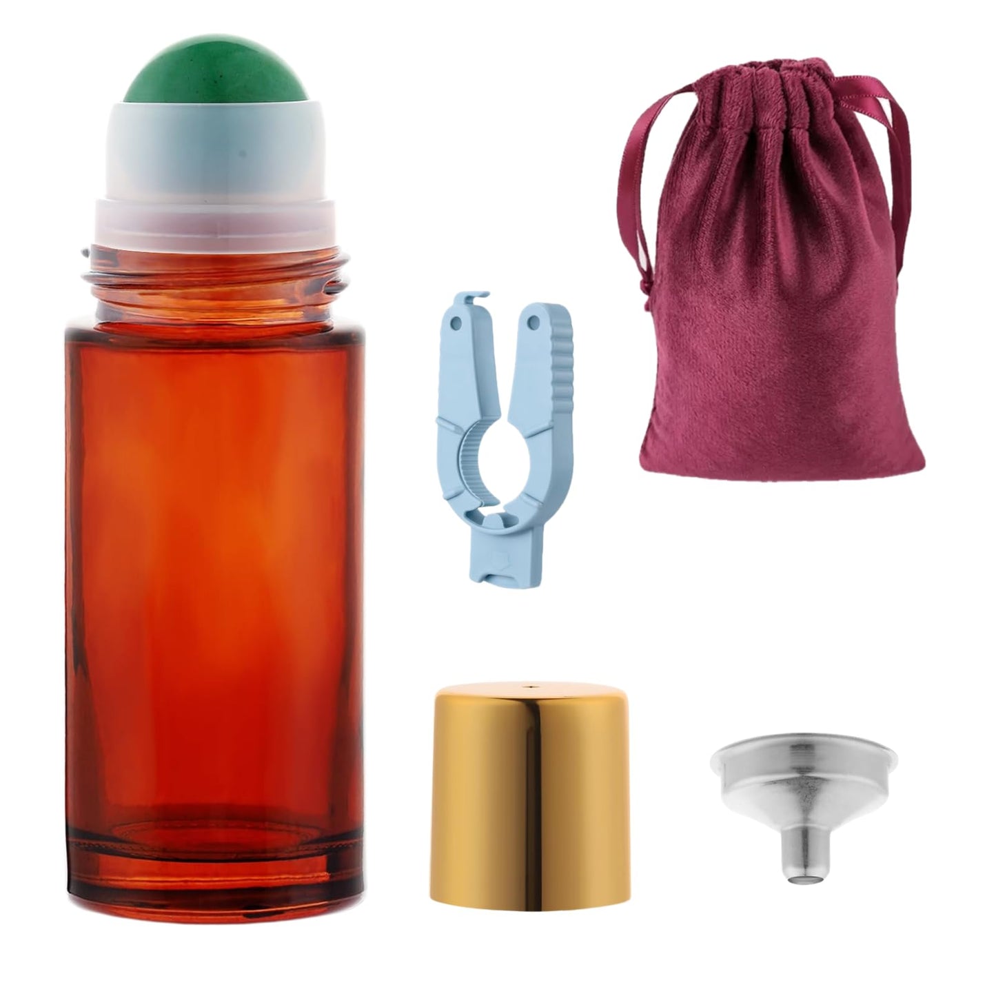 Roller Ball Applicator,Rose Quartz Roller Bottle,50ml Refillable Amber Glass Roll On Bottles with Natural Crystal Roller Balls,Leak-Proof Travel Perfume Bottle with Gold Caps (Green)