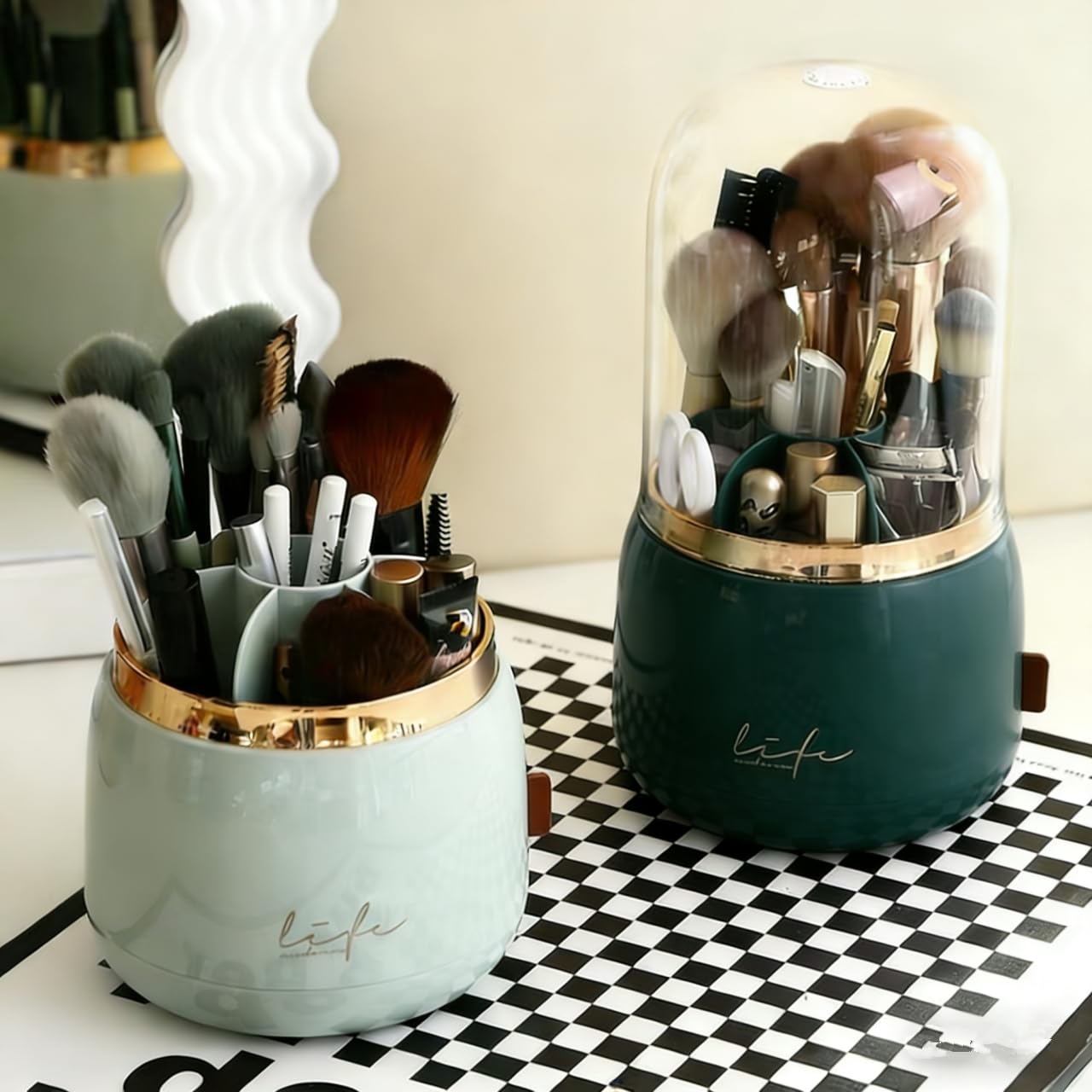 YZEASYPINK 360 Rotating Makeup Brush Holder with Lid,Clear Dustproof Make Up Organizers for Vanity Countertop,Includes a Foldable Bowl for Cleaning Makeup Brush,Transparent, Dustproof-Green