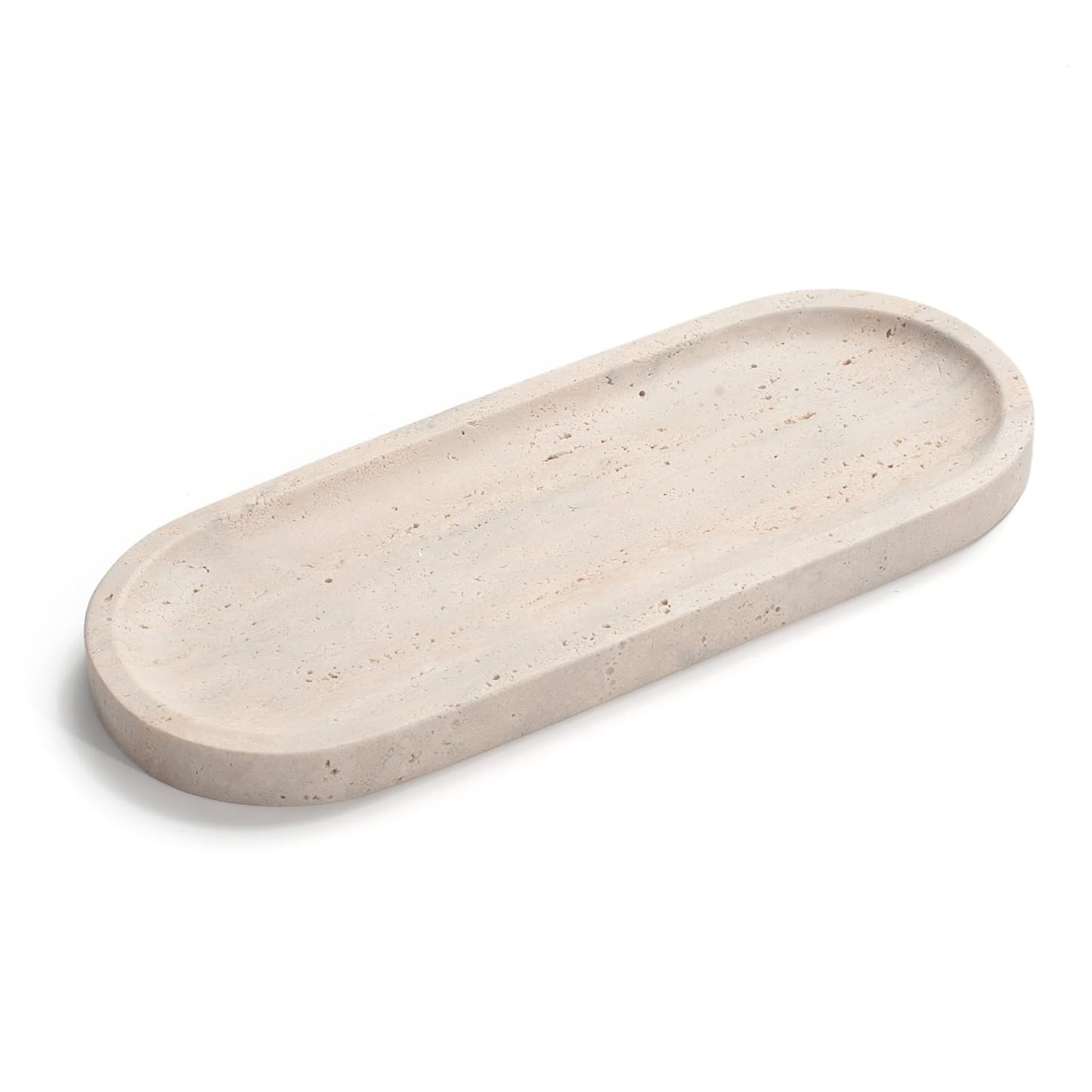 Oval Travertine Stone Tray for Jewelry, Candles, Perfume, Decorative Marble Bathroom Tray for Countertop Organizer 9.8inch x 3.9inch x 0.7inch