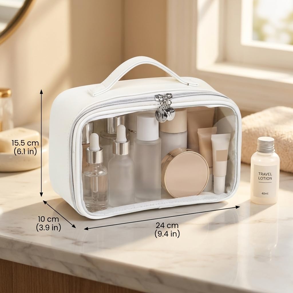 Travel Toiletry Bag for Women, Clear Makeup Bag Organizer with Handle, Waterproof Cosmetic Case for Travel Essentials, Portable Bathroom and Skincare Storage Bag for Daily Use, White