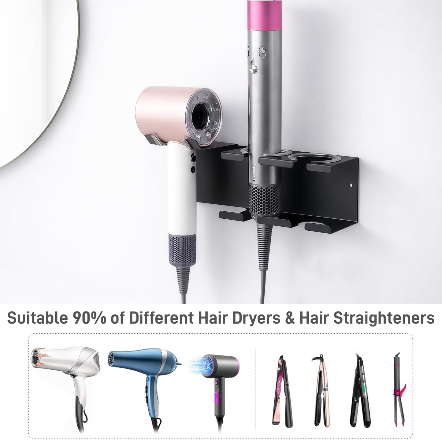 Hair Tool Organizer Wall Mount, Stainless Steel Curling Iron Holder Wall Mount, Hair Dryer and Straightener Holder 3-in-1 Storage for Bathroom Vanity Salon Black PTALSEAW