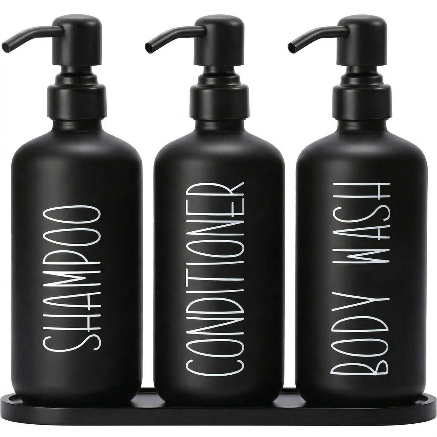 MOMEEMO Reusable Shampoo and Conditioner Bottles with Tray, Shampoo Bottles Refillable with Pump, Pump Bottles for Shampoo and Conditioner, Shower Dispenser Bottles (Black)