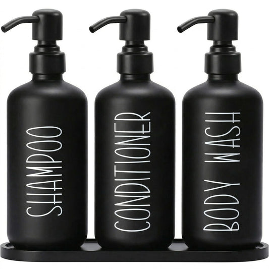 MOMEEMO Reusable Shampoo and Conditioner Bottles with Tray, Shampoo Bottles Refillable with Pump, Pump Bottles for Shampoo and Conditioner, Shower Dispenser Bottles (Black)