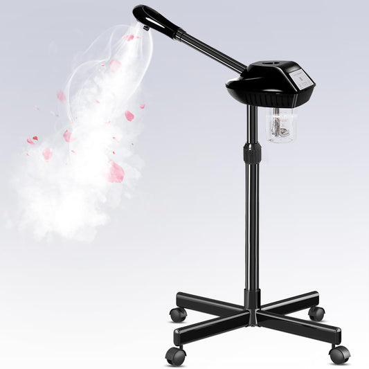 Professional Facial Steamer with More Steam for Deep Cleansing and Hydration, Face Steamer on Wheels with Time Setting, Estheticians Steamer Adjustable Height for Beauty, Spa and Home Use（Black）