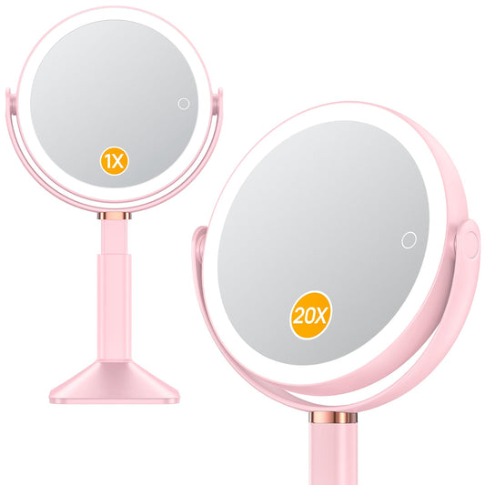 Gospire 20X Magnifying Vanity Mirror with Lights - Height Adjustable Lighted Makeup Mirror with Magnification, 4000mAh Rechargeable Battery, 3 Colored Dimmable Light for Desk Home Travel, Pink