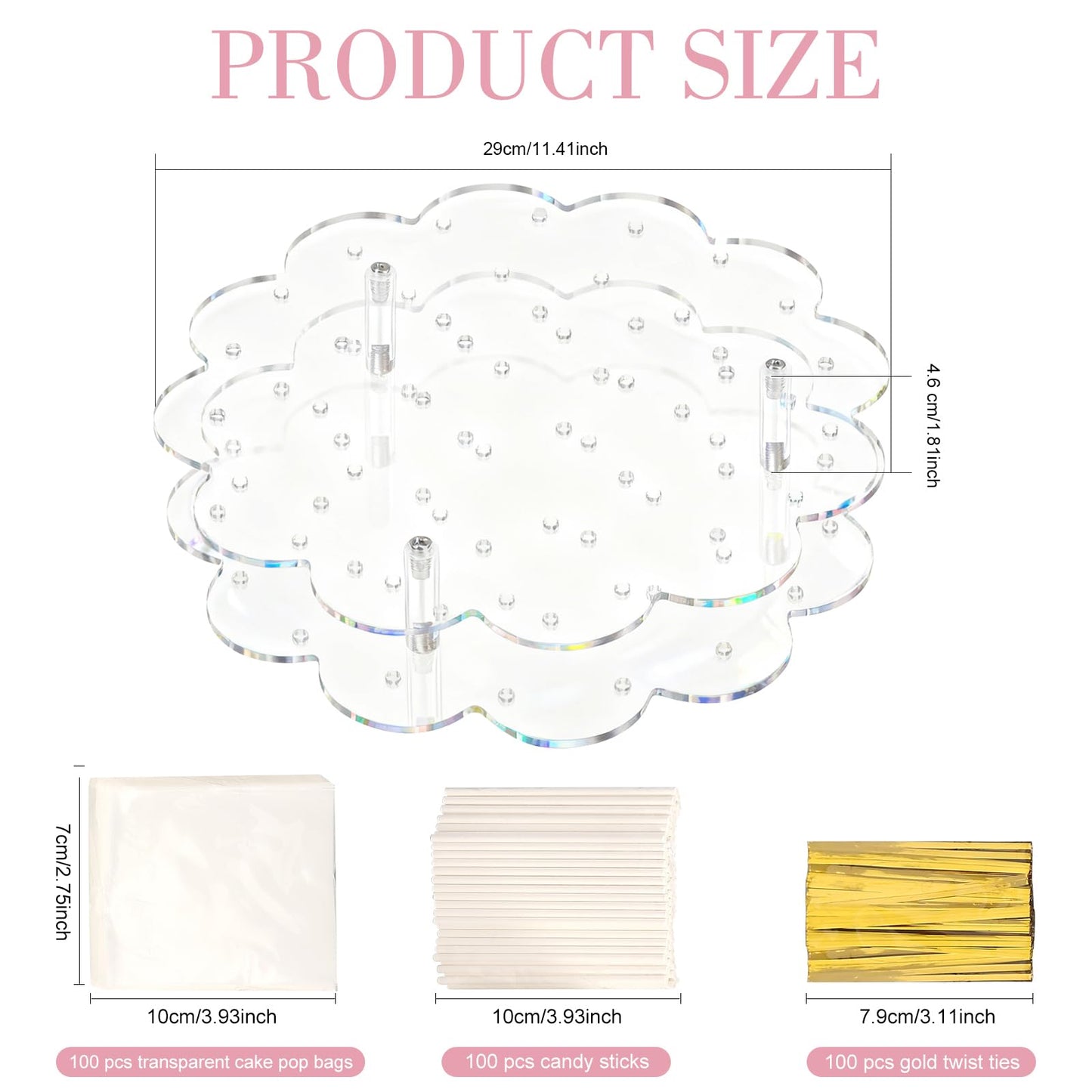 Flower Shape Acrylic Lollipop Stand 36 Holes, Cake Pop Holder with 100 Sticks, 100 Wrappers, 100 Gold Twist Ties, Clear Candy Dessert Display Rack for Christmas Weddings, Birthdays, Baby Showers