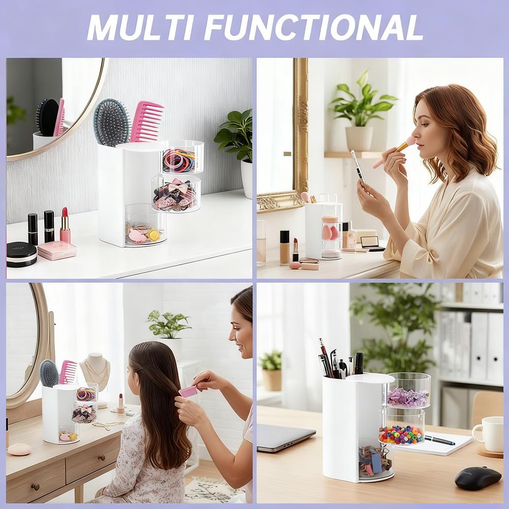 WeiLingBo 3-Layer Hair Accessories Organizer with Hair Brush Holder,Rotatable Makeup Brush Holder for Necklaces,Earring, Bracelet,Ring,Desktop Organizer Case for Cotton Swab(White)