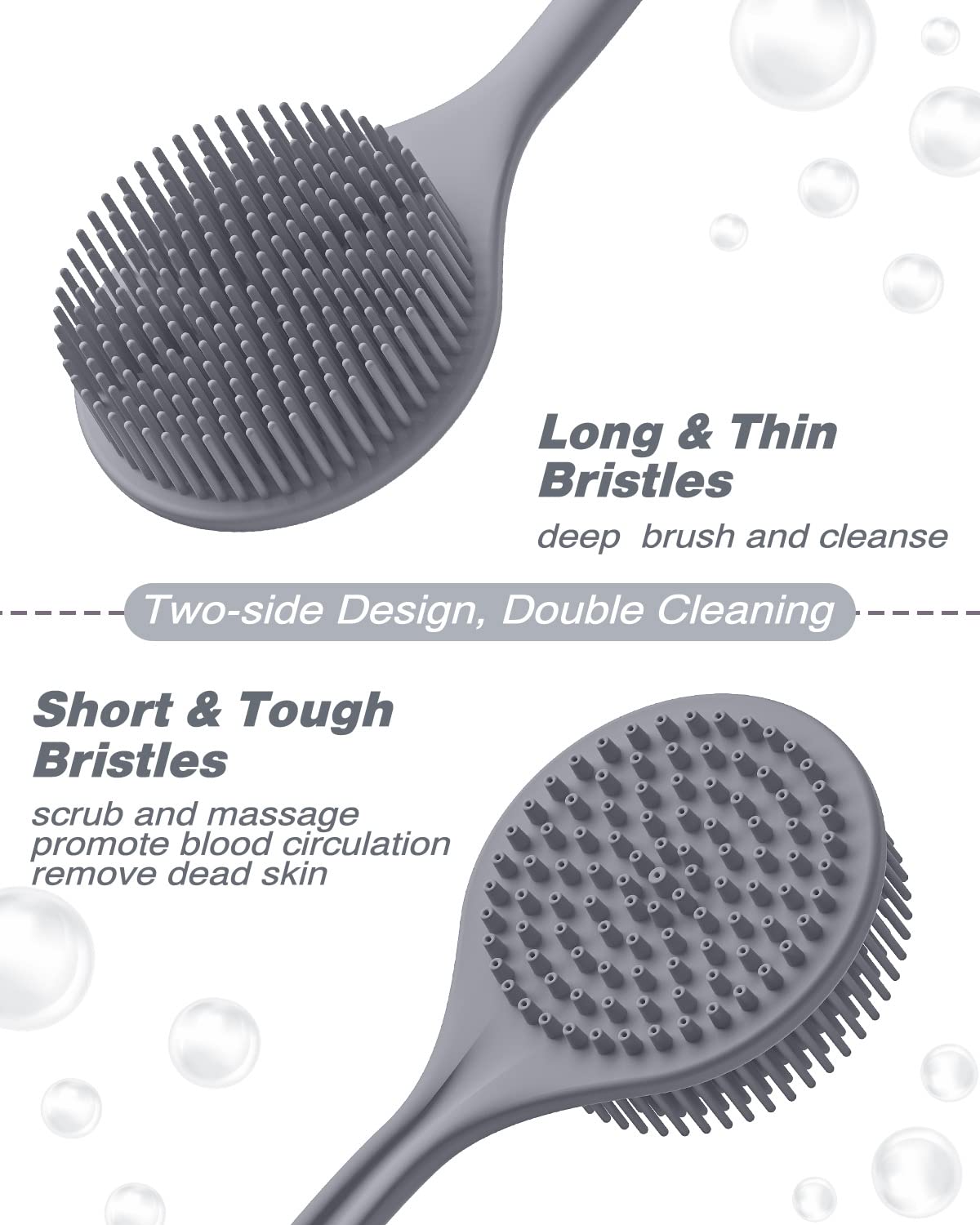 Manmihealth Silicone Back Scrubber (Thick Bristles) & Bath Glove & Face Brush Set (3PCS), Super-Exfoliating & Lathering Body Scrubber, Shower Brush, Face Scrubber Combination, with a Free Hook (Gray)