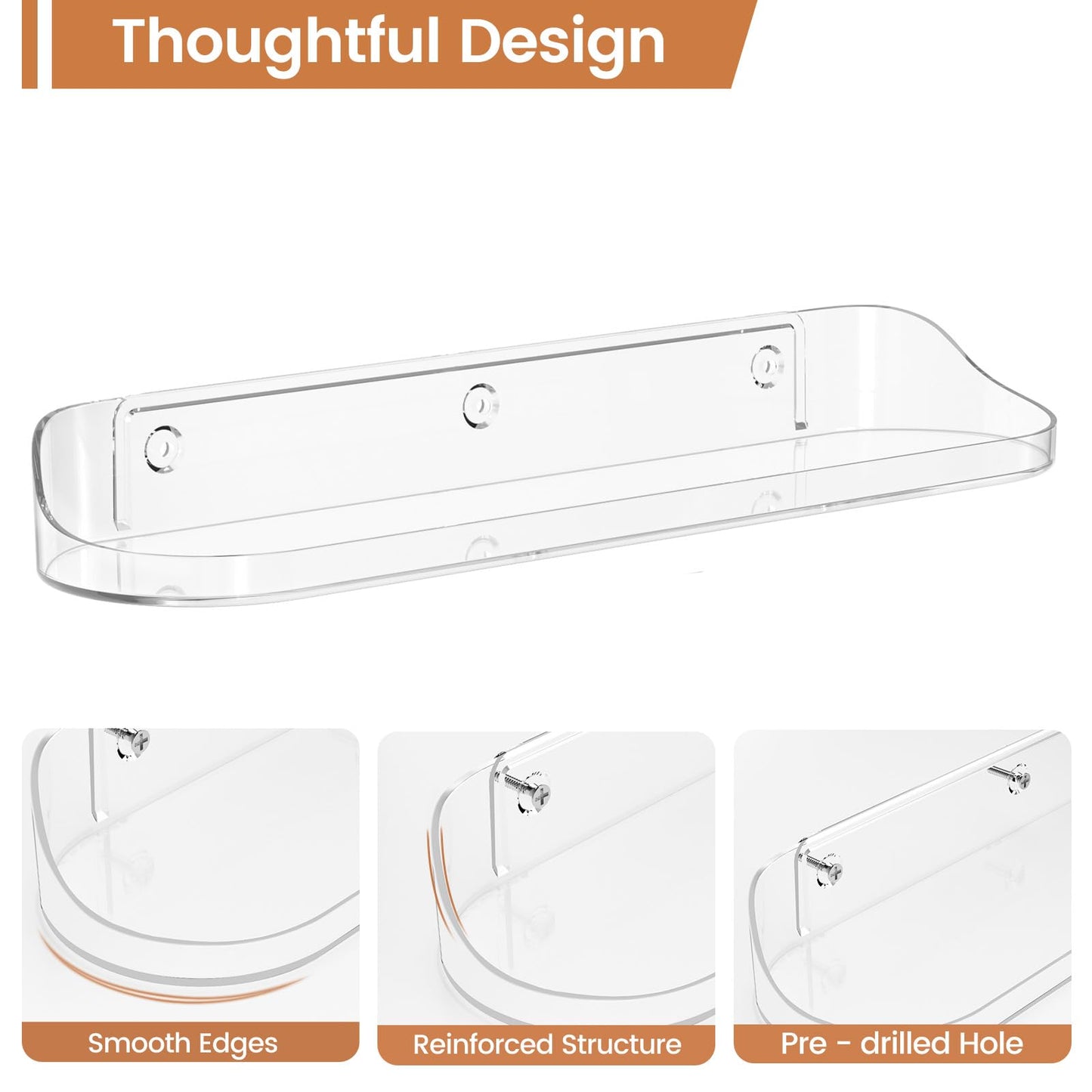 SpaceWhisper Floating Shelves for Wall, 10-Pack 15" Wall Shelves for Bathroom, Bedroom, Living Room, Display Hanging Shelf Organizer for Book, Picture Ledge, Figure Storage, Room Decor (Clear)