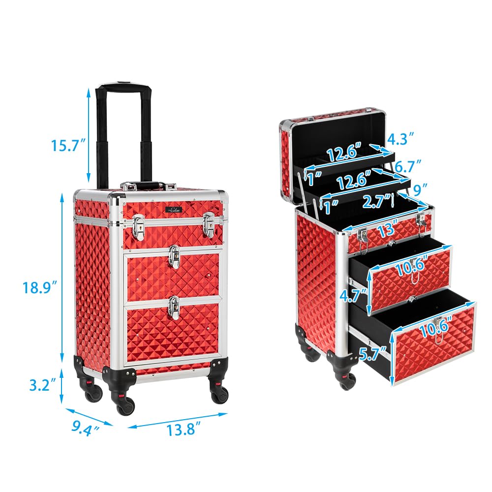 OmySalon Aluminum Rolling Makeup Train Case, Portable Makeup Organizer Suitcase, Cosmetic Storage Box, Travel Beauty Luggage Trolley Lockable w/4 Removable Wheels & 2 Sliding Drawers, Red