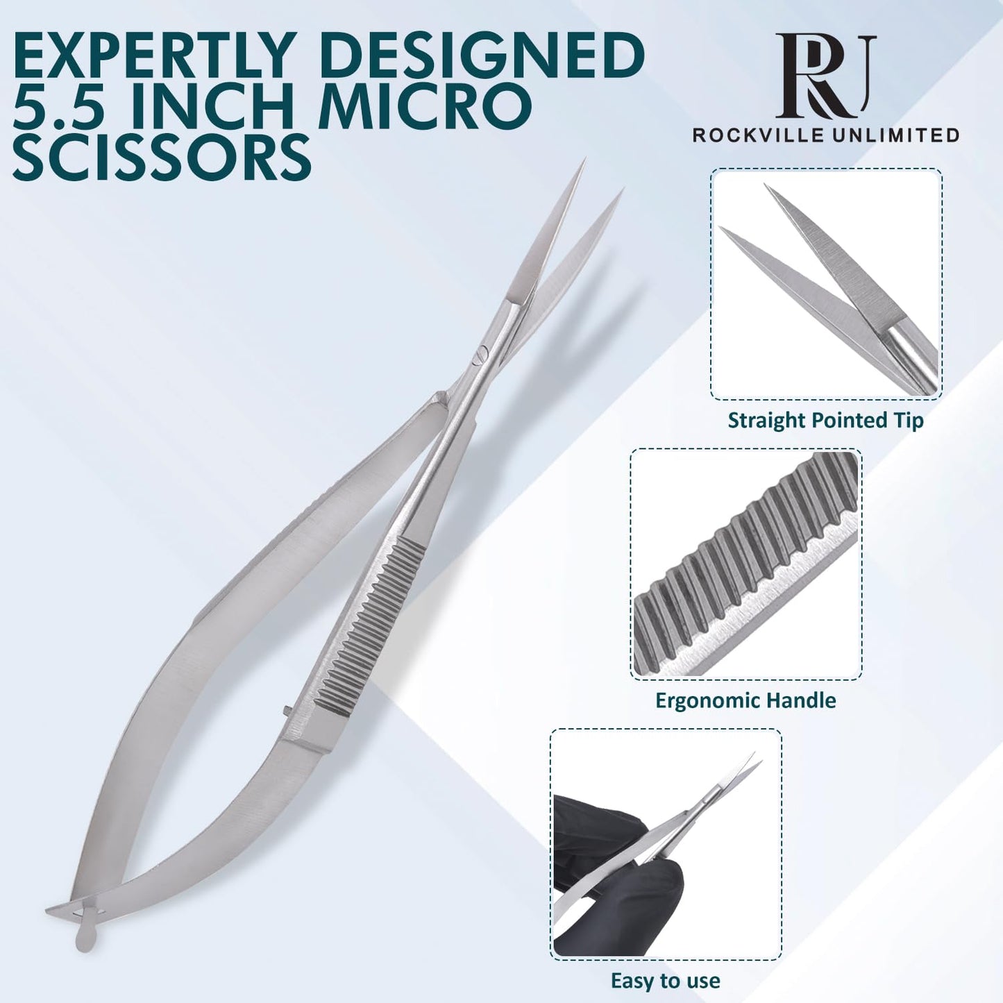 Micro Scissor 5.5" Straight Set of 3 Premium Stainless Steel Applique Scissors Sewing Art & Craft Trimming for Eyebrow Eyelash Embroidery Scissors Extra Sharp thread cutting Spring action scissors.