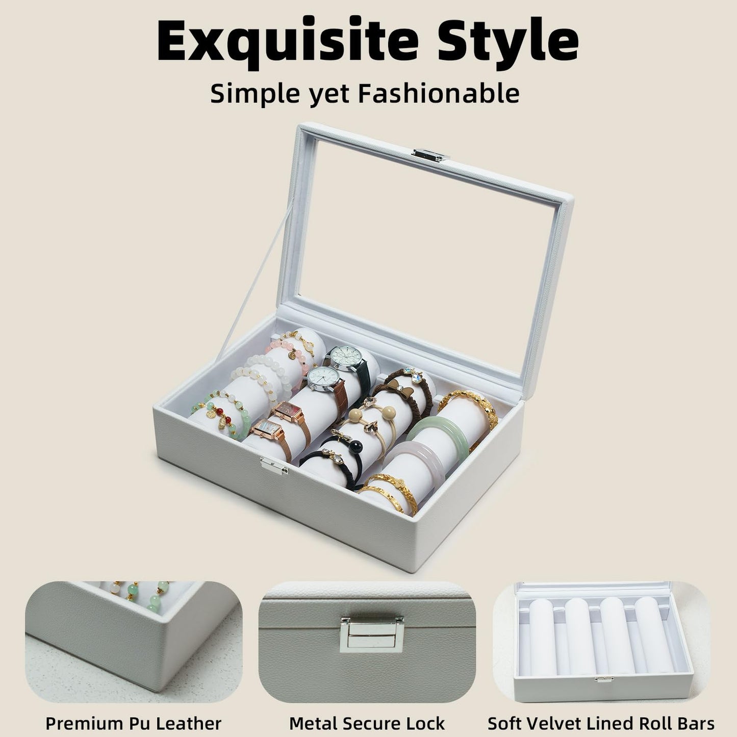 XHMQYC Bracelets Organizer Rods Bangles Display Holder, Clear See through Lid Leather Velvet Jewelry Storage Box Case for Women, 4 Rods White Leather