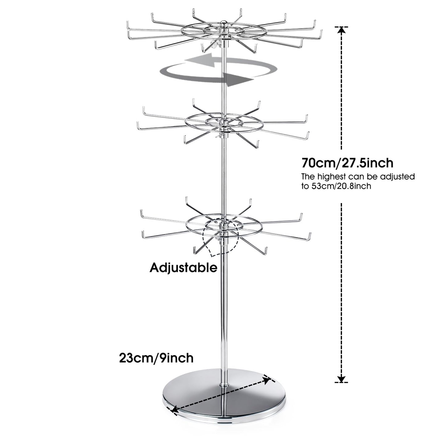 Polmart Heavy Duty Dual Heights (Stand & Tiers) Adjustable Countertop Spinner Display Stand (Silver, 3-Tier)