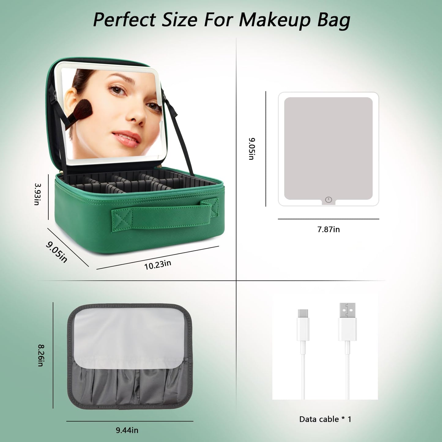 SLUMAZI Travel Makeup Bag with LED Mirror Travel Makeup Organizer with 3 Lighted Settings, Adjustable Dividers and Makeup Brush Storage Bag Dark Green