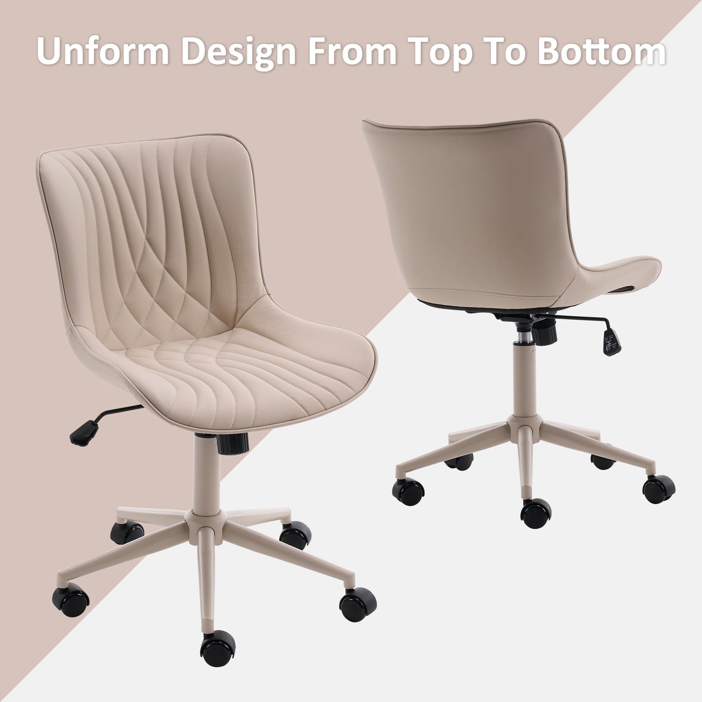 YOUTASTE All Cream Office Chair, Modern Armless Desk Chair with Back, Adjustable Swivel Rolling Faux Leather Task Chair with Wheels Metal Base for Home Office, Study, or Vanity
