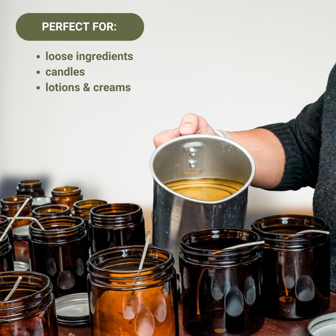 Nature Packaged Glass Amber 16oz Jar - 12 Packs, Lead-Free Empty Round Jars For Beauty Products, Lotion, and Powders - Black Lid - Small Candle Jars