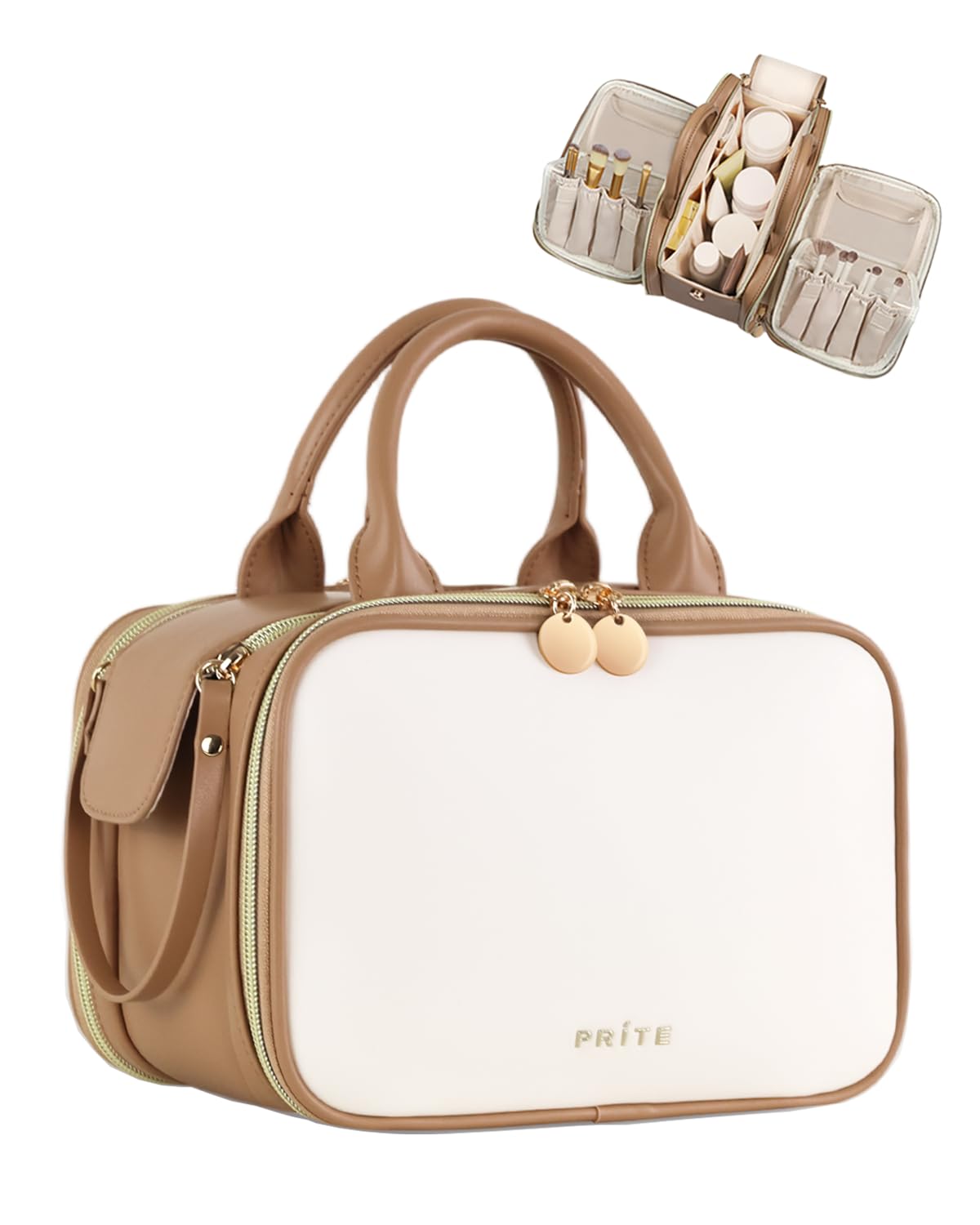 Prite Travel Makeup Bag Women’s Large Capacity Waterproof Cosmetic Organizer Portable Open Flat Toiletry Case with Free-standing Brush Holder and Handle(Beige Brown Medium)
