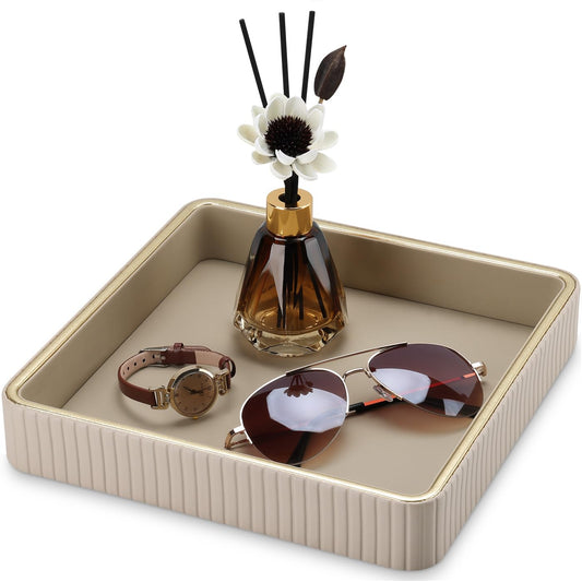 GORESE Square Perfume Tray Nightstand Organizer, PU Leather Purse Bowl Jewelry Trays for Dresser, Trinket Dish Catchall Bowl for Keys, Decorative Vanity Tray, Gift for Women, Beige(9.3'' × 9.3'')