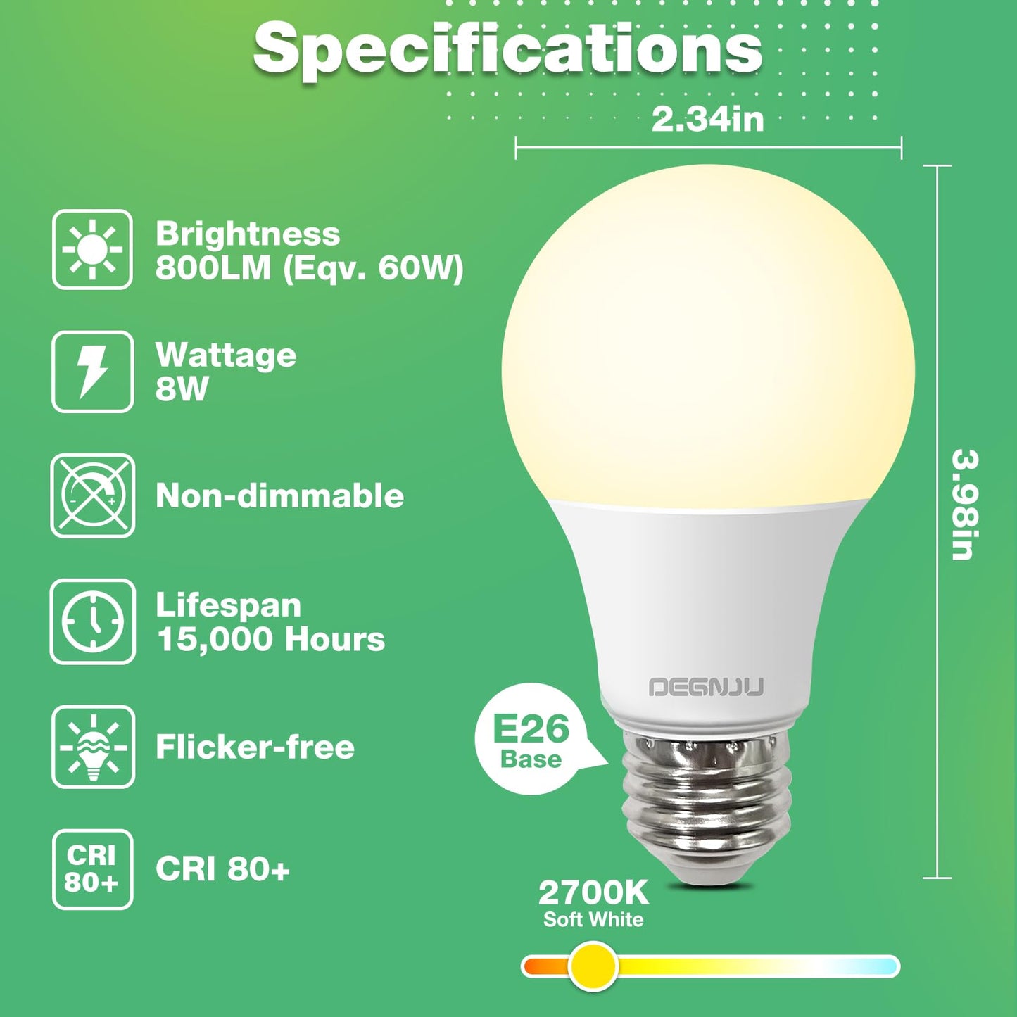 DEGNJU 36 Pack A19 LED Light Bulbs 60W Equivalent, Soft White 2700K, 800 Lumens, E26 Base, Non-Dimmable, 8W Energy Efficient Warm LED Bulbs for Home Lighting