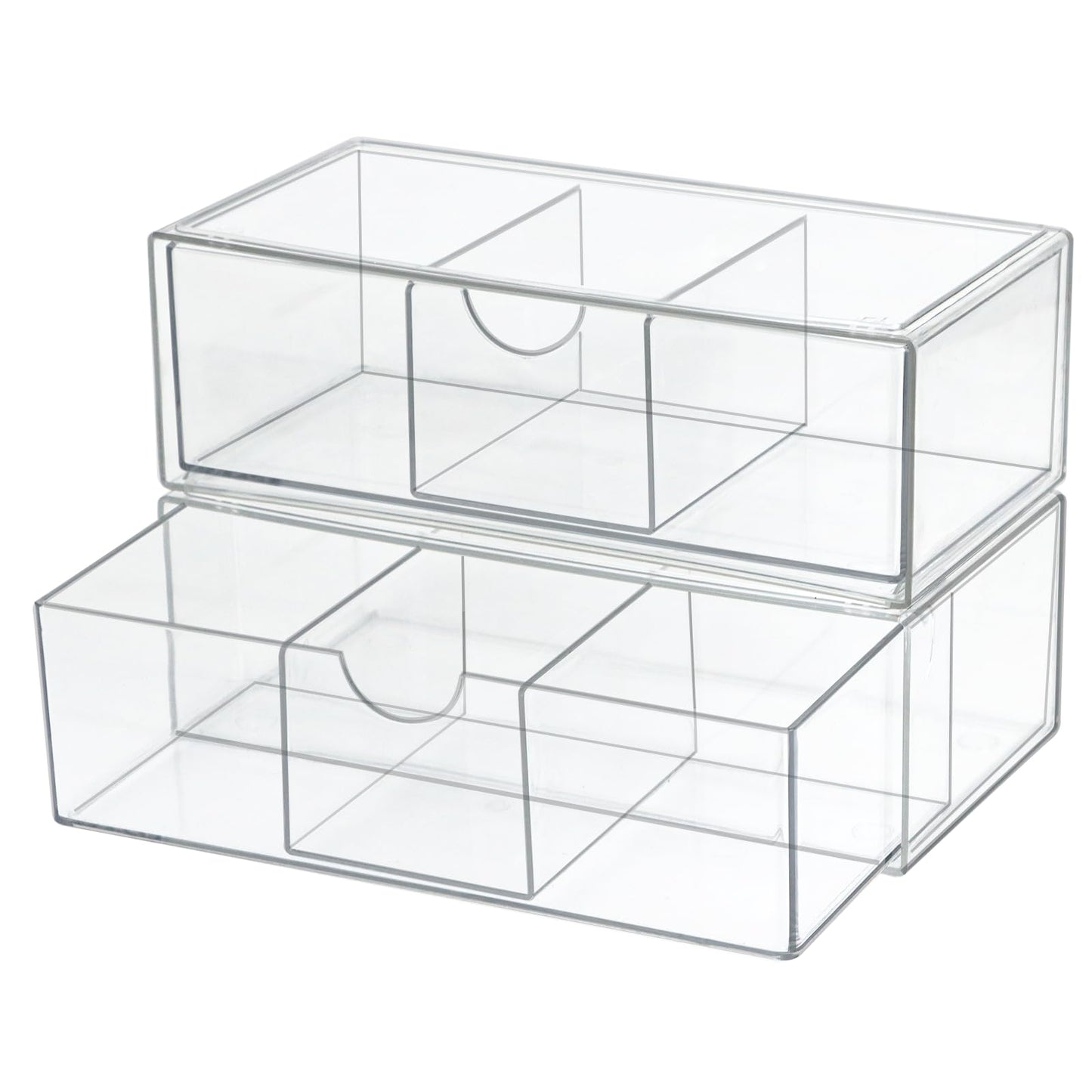 Set of 2 Stackable Storage Drawers - 7.8" Clear Plastic Drawer Storage, Acrylic Makeup Organizer, Desk Counter Cabinet Office Organizer, Bathroom Organizers and Storage (3 Grid/Set of 2)