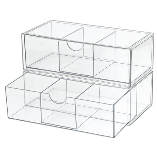 Set of 2 Stackable Storage Drawers - 7.8" Clear Plastic Drawer Storage, Acrylic Makeup Organizer, Desk Counter Cabinet Office Organizer, Bathroom Organizers and Storage (3 Grid/Set of 2)