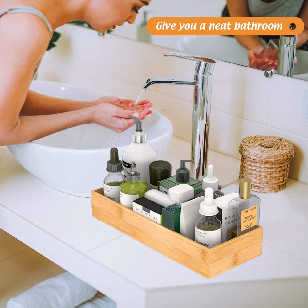Bathroom Vanity Tray Organizer Bamboo, Small Wood Tray for Counter Kicthen Drawer, Rectangular Toilet Paper Storage Basket Box, Guest Sink Tray Decor, Bathroom Accessories 15" x 6" x 2.5"