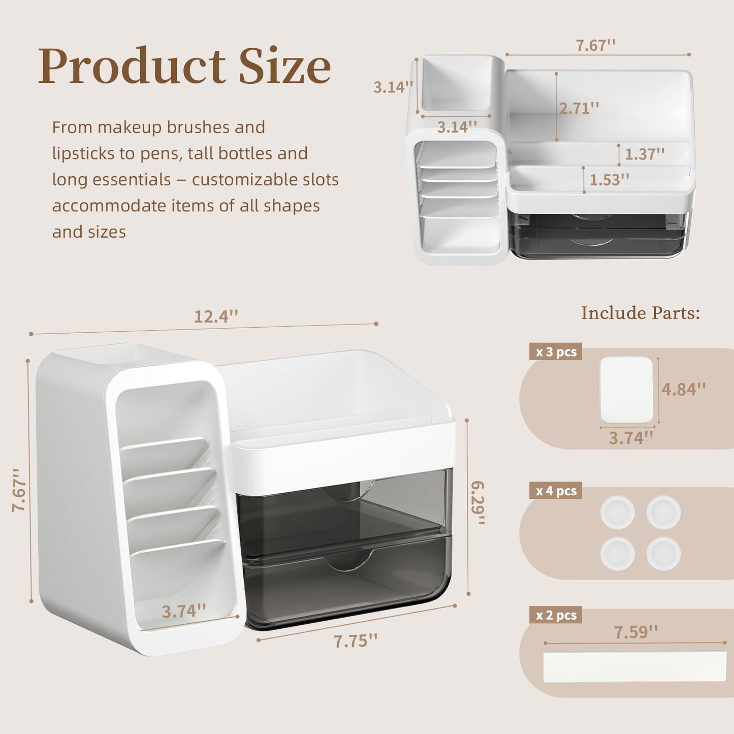 Makeup Organizer for Vanity with 5 Adjustable Dividers & 2 Clear Drawers, Large Make Up Brush & Perfume Holder, Cosmetic Display Cases Skincare Storage for Bathroom Countertop, Office Desktop, Pantry